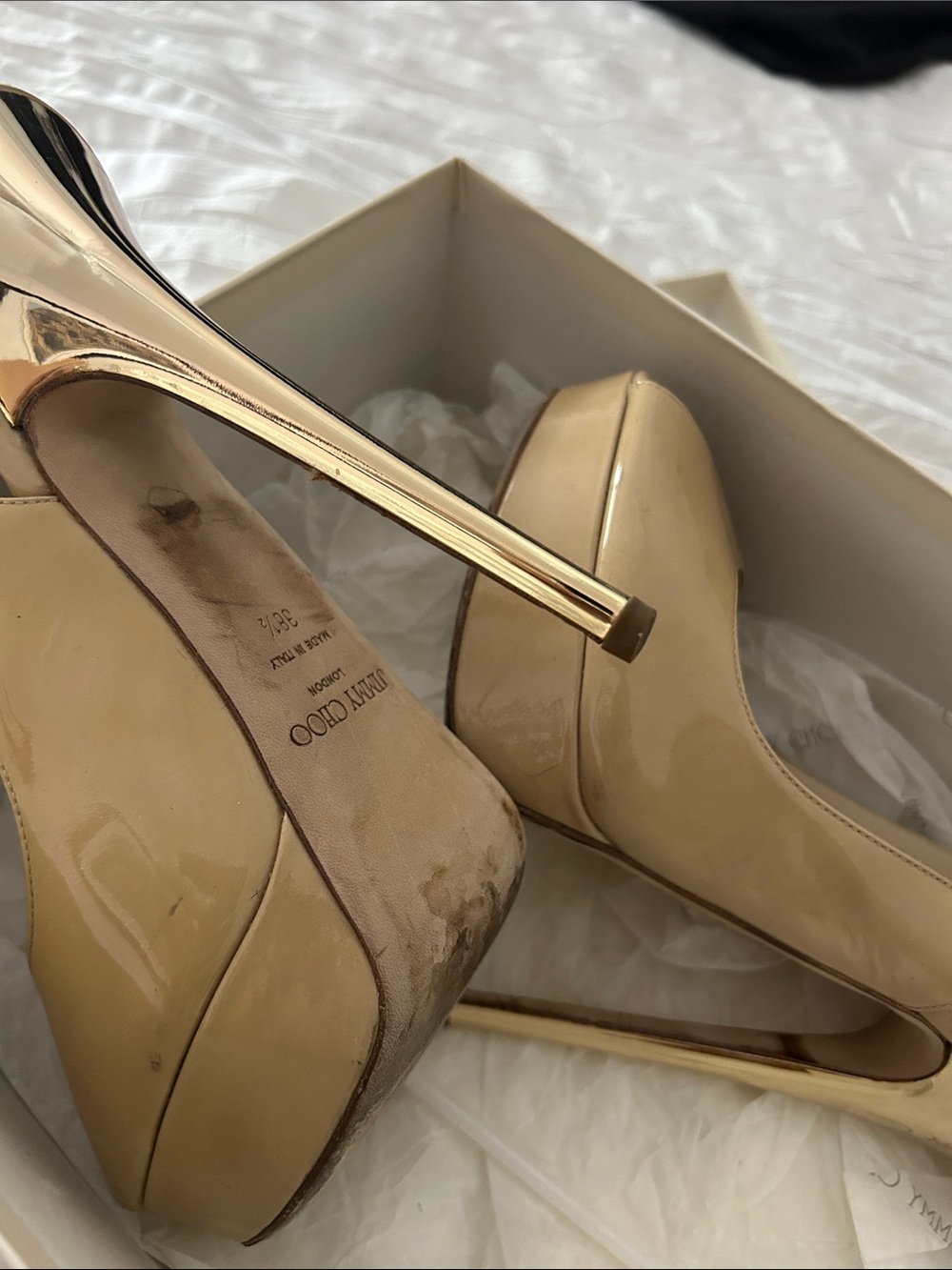 Jimmy Choo Beige Patent Leather Platform Peep-Toe Slingbacks make your offer !!! - Picture 8 of 9